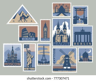 Set Of Postage Stamps With Cities And Country Landmarks Of The World. Vector Illustration