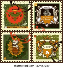 Set of postage stamps. Set contains postage stamps with beer and whiskey emblems on vintage background. Set postage stamps for  Saint Patrick's Day.Vintage style.