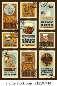 Set of postage stamps.Set contains the images of beer mugs, brewer, mermaid, man in beer barrel, steam punk heart,seagull,price tag,beer bottles, title, and text.