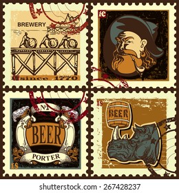 Set of postage stamps contains images of rhinoceros with beer tun, sailor with pipe in hat,beer label with cornucopia,ribbon and text, seascape,man with barrel,price and seals. Set of postage stamps.