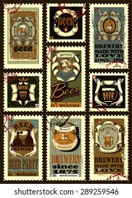 Set of postage stamps. Set contains images of postage stamps with different  beer emblem, beer mugs, ribbons, patterns, brewery and text. Vintage style.