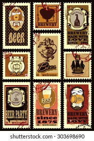 Set of postage stamps contains images of steam punks heart,bears on beer tun and other different beer labels,postmarks and price. Set of postage stamps.Vintage style.