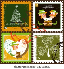 Set of postage stamps.Set of postage stamps contains images of shamrock,heart,hat,two men with beer mugs,leprechaun with beer mug,stamp,hat and text. Set for Saint Patrick's Day.