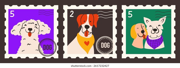 Set of postage stamps with cute colorful hand-drawn dog portraits. Graphic design elements with pets