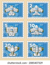 A set of postage stamps depicting combat aircraft. Collection. View from above. Isolated on a colored background. Vector illustration.