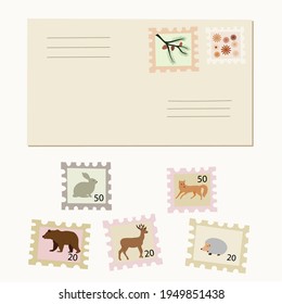 Set of postage stamps depicting forest animals, postal envelope, hand drawn. Use for packaging, wallpaper, poster, room interior decor,  postcard, concept, clipart, vector