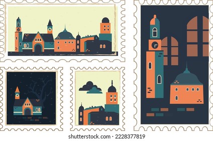 A set of postage stamps depicting medieval buildings, a tower and a castle in the same style