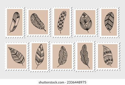 Set of postage stamps with doodle leaves. Illustration, icons, vector	
