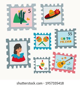 Set of postage stamps with drawings in Mexican style. Sombrero, marocas, cactus, tequila, pepper, hand drawn. Use for packaging, wallpaper, poster, room interior decor,  postcard, concept, clipart