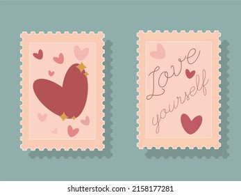 Set of postage stamps. Envelope stamp with a heart. Stamps for Valentine's Day. Hand lettering. Love yourself. Vector illustration.