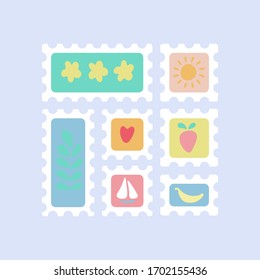 Set of postage stamps for envelopes, letters and postcards, abstract themed with flowers, sun, berry, sailboat, heart and banana. Square and rectangular. Cute flat cartoon vector illustration. 