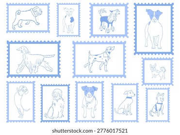 A set of postage stamps featuring dogs. Cute illustrations of pets