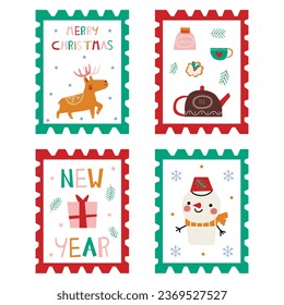 Set of postage stamps with a festive theme of winter holidays. Template of red ,green and blue frame stamps on a white background with Christmas elements. EPS 10 vector file