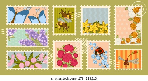 Set of postage stamps with floral spring motifs. Vector cartoon illustration of cute botanical cards, vintage postal frames with tulips, lilac, peony, butterfly, ladybug and bees, mail stickers