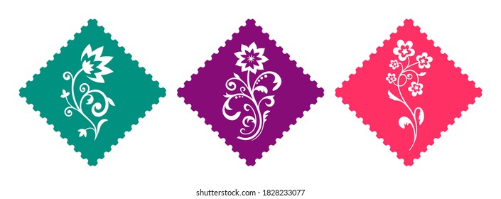 Set of postage stamps with flower icons. Vector illustration