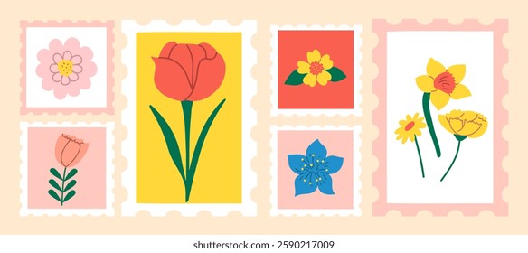Set of postage stamps with flowers. Floral springtime set. Vector hand-drawn design. 