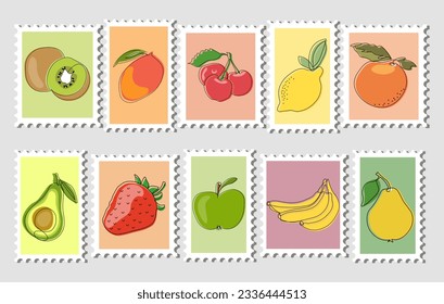 Set of postage stamps with fruits. Illustration, icons, vector	
