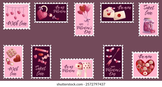 A set of postage stamps happy Valentine's Day. Chocolate, candies, balloons, lock, key, arrow, letter, sweets, cookies. Vector illustration.