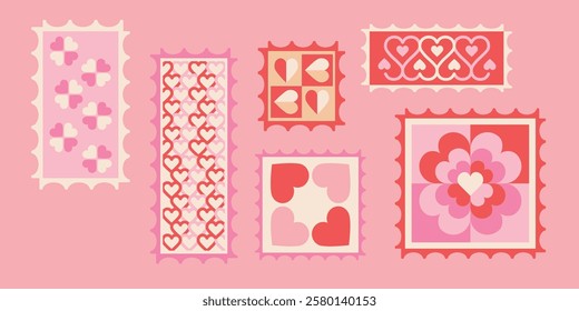 Set of postage stamps with hearts for St. Valentine's Day. Love-themed set of stickers in red and pink colors. For Valentine's Day cards, gifts, and prints. 