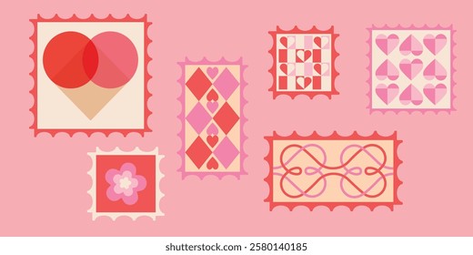 Set of postage stamps with hearts for St. Valentine's Day. Love-themed set of stickers in red and pink colors. For Valentine's Day cards, gifts, and prints. 