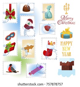 Set of postage stamps with illustrations for New Year and Christmas design.