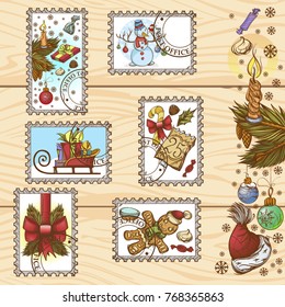 Set of postage stamps with illustrations for New Year and Christmas design.