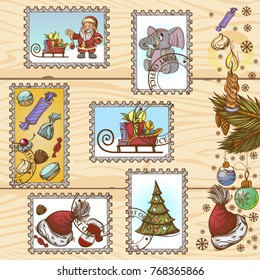 Set of postage stamps with illustrations for New Year and Christmas design.