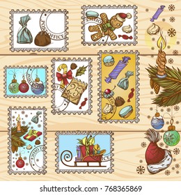 Set of postage stamps with illustrations for New Year and Christmas design.