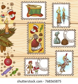 Set of postage stamps with illustrations for New Year and Christmas design.