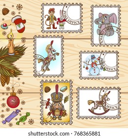 Set of postage stamps with illustrations for New Year and Christmas design.