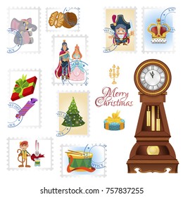 Set of postage stamps with illustrations for the Nutcracker fairy tale for New Year and Christmas design.