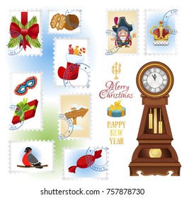 Set of postage stamps with illustrations for the Nutcracker fairy tale for New Year and Christmas design.