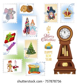 Set of postage stamps with illustrations for the Nutcracker fairy tale for New Year and Christmas design.