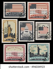 set of Postage stamps with the image of the United States of America architectural landmarks in retro style