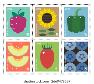 Conjunto de selos postais com imagens de diferentes alimentos em fundo colorido. Produtos hortícolas, frutas e bagas.