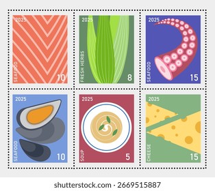 Conjunto de selos postais com imagens de diferentes alimentos em fundo colorido. Legumes, ervas, jantar e frutos do mar.

