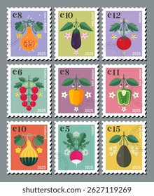 Set of Postage Stamps with images of vegetables on different backgrounds. Symmetrical graphic compositions with inscriptions and seals.
