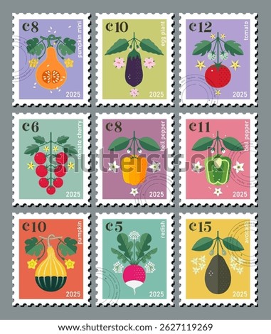 Set of Postage Stamps with images of vegetables on different backgrounds. Symmetrical graphic compositions with inscriptions and seals.
