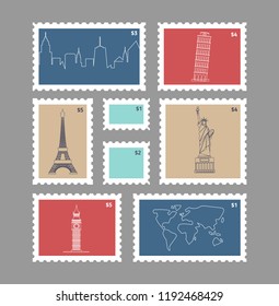 set of postage stamps with line travelling city national landmarks vector illustratopn with eiffel tower big ben world map and urban silhoutte