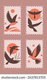 Set of postage stamps with minimalistic abstract birds in retro colors flat vector illustration.