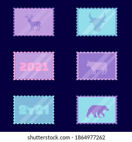 
Set of postage stamps for new year and christmas 2021