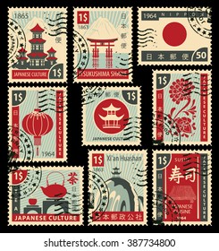 set of postage stamps on the theme of Japanese culture. Hieroglyph Japan Post, Sushi, Tea