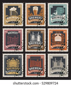 set of postage stamps on the theme of beer and brewery in retro style