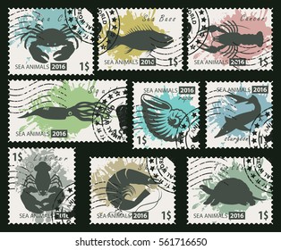 set of postage stamps on the theme of fish and sea life animals