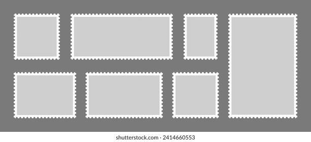 Conjunto de sellos postales. Marco y borde de la marca postal. Cuadrado gris y plantilla rectangular para correo, postal, carta. Formas de borde onduladas. Objetos antiguos para afiches, pancartas, insignias, pegatinas. Vector