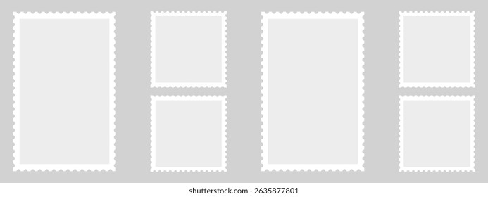 Set of postage stamps. Post stamp frame and border. Grey square and rectangular template for mail, postcard, letter. Jagged wavy edge forms. Vintage for poster, banner, badge, sticker - Stock Vector