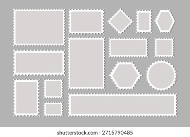 Conjunto de sellos postales. Sello postal para correo, postal, carta. Formas onduladas irregulares del borde. Objetos de Antiguas para el cartel, Anuncio, insignia, etiqueta engomada. Vector.  Sellos de letras con bordes perforados. 