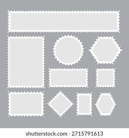 Conjunto de sellos postales. Sello postal para correo, postal, carta. Formas onduladas irregulares del borde. Objetos de Antiguas para el cartel, Anuncio, insignia, etiqueta engomada. Vector.  Sellos de letras con bordes perforados. Vector aislado