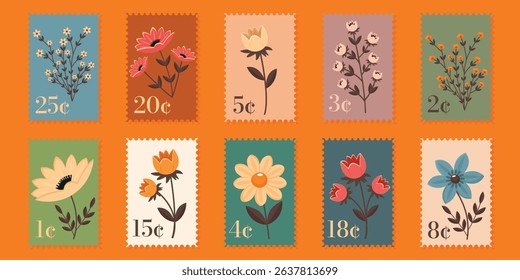 Set of postage stamps with retro flowers and various cent denominations flat vector illustration.