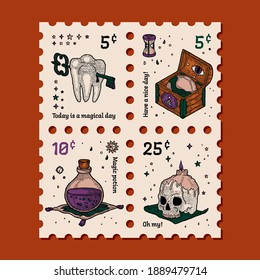 Set of Postage Stamps in Retro Vintage Style with Retro and Vintage Magic Element. For Poster, Postcard, Greeting. Phial of Poison Potion, Skull and Candle, Old Wooden Chest with Globe, Tooth with Key